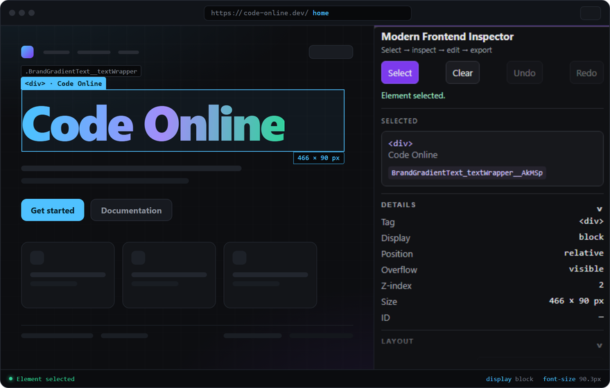 A browser window with a web page on the left and the Modern Frontend Inspector side panel on the right, with the page headline selected and outlined