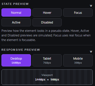 Modern Frontend Inspector state preview with Normal, Hover, Focus, Active and Disabled, and responsive preview with Desktop 1440px, Tablet 768px and Mobile 390px