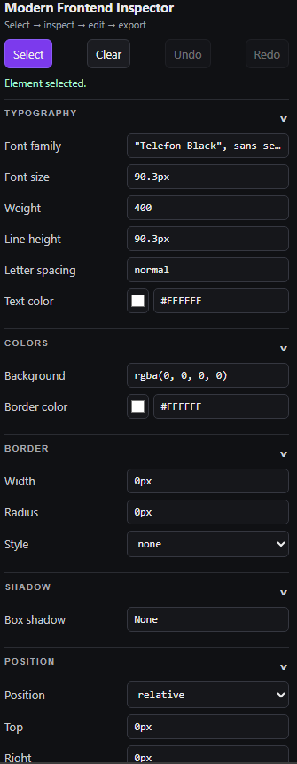 MFI Edit panel showing typography, colors, border, shadow, and position styles