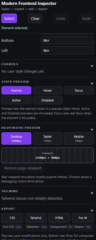 MFI Export and Preview panel showing state preview, responsive emulation, and export options
