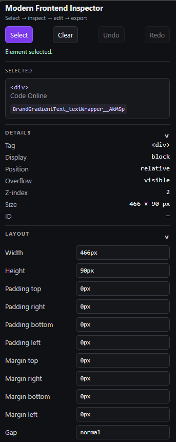 Modern Frontend Inspector side panel inspecting a selected element's computed layout and styles