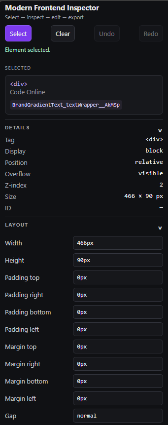 MFI Inspect panel showing selected element details and computed layout box model